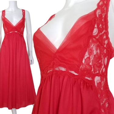 Vintage Red Empire Waist Nightgown, Medium / Sheer Chiffon and Lace Bust Pinup Nightgown / Sleeveless Plunge Neckline Lingerie 