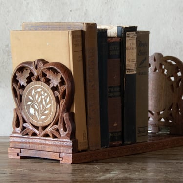 Carved Wood Expandable Book Ends, Vintage Inlaid Wood Bookends, Wooden Book Rack 
