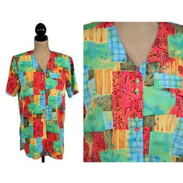 80s Colorful Print Blouse Medium, Short Sleeve Button Up Shirt, Longline Tunic with Side Slits, 1980s Clothes Women Vintage CHRISTIE & JILL 
