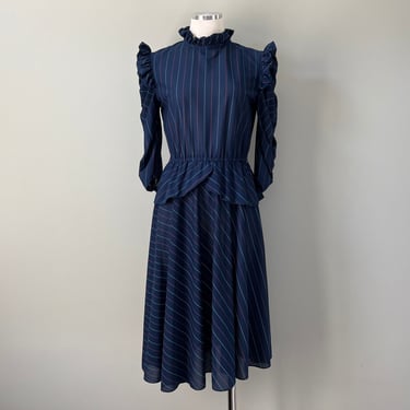 1970s Vintage Ladies Navy Blue Pinstripe Rockabilly Work Attire Dress 
