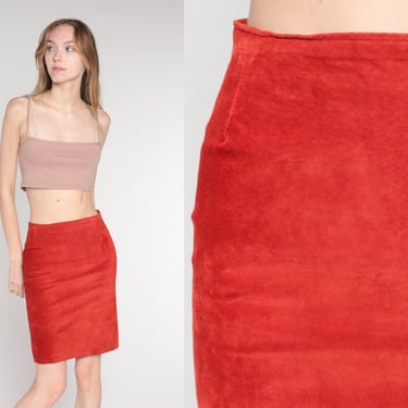 Suede Mini Skirt 90s Rust Orange Leather Skirt Pencil Wiggle Party Retro Simple Plain Bohemian High Waisted Vintage 1990s Extra Small xs 