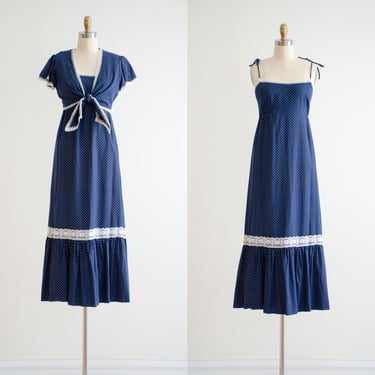 cute cottagecore dress 70s vintage navy blue polka dot prairie boho maxi dress 