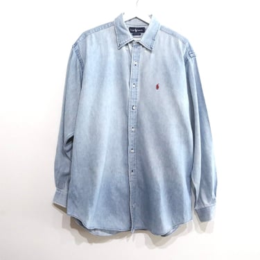 vintage faded RALPH LAUREN 1990s distressed worn out CHAMBRAY oversize men's button down shirt 90s vintage -- size xl 