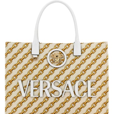 Versace Women Embroidered Canvas Large Chain Stripes Shopping Bag