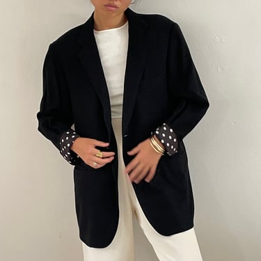 70s polka dot blazer / vintage navy blue wool oversized menswear blazer with blue silk polka dot lining | XL 