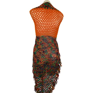 60s Vintage knit poncho, orange mod knit shawl, over the shoulder orange knit wrap, 60s knit festival fashion dress wrap one size s m l 