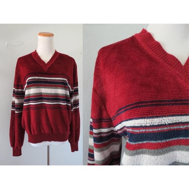 Vintage 70s Mens Pullover Sweater - V-neck Striped Soft Acrylic Long Sleeve Sweater - Size XL 