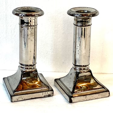 Pair of Small English George III Silver Luster Pottery Candlesticks