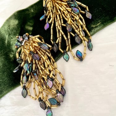 Statement Beaded Earrings, Cascade Chandelier, Multi Strand Beads, Clip, Vintage 