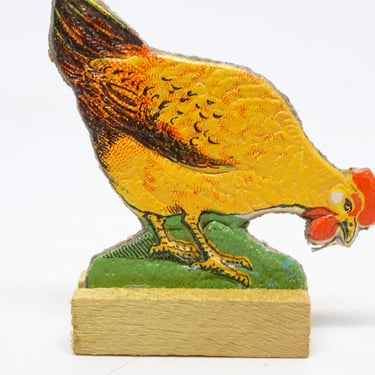 Antique German Chicken in Wood Stand, Pressed Embossed Cardboard Stand Up Farm Toy for Christmas Putz or Nativity, Vintage GERMANY 