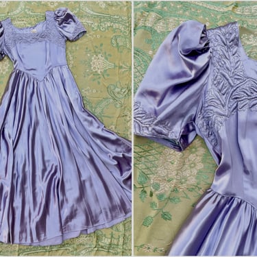 True vintage 1940’s lavender satin full length evening gown | ‘40s formal dress, basque waist, puff sleeves, quilting with gold threads, S 
