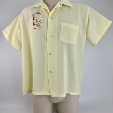 1950's Rayon Shirt - Embroidered Crest of Sailboats and Palm Trees - IMPALA LABEL - Pale Yellow Rayon - Men's Size Large 