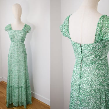 Vintage 1970s Spring Green Maxi Dress | XS | 70s Floral Print Gown with Empire Waist, Cap Sleeves 