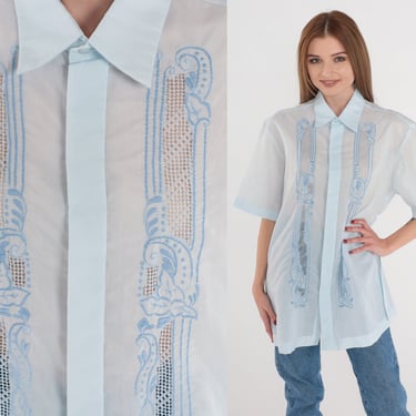 Cut Out Top 70s 80s Floral Embroidered Semi-Sheer Baby Blue Cutwork Shirt Button Up Cutout Boho Short Sleeve Vintage 1980s Medium Large 