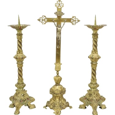 Altar Crucifix & Candle Prickets, Gilt Metal, Set of 3, Vintage / Antique!