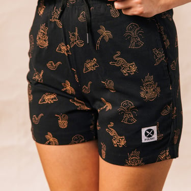 Spicy Noods Fun Mens & Womens Walk Shorts, Noodle Shorts, Tropical Asian Food Print, Hipster Food Shorts, Foodie, Tiki, Spicy Sriracha 