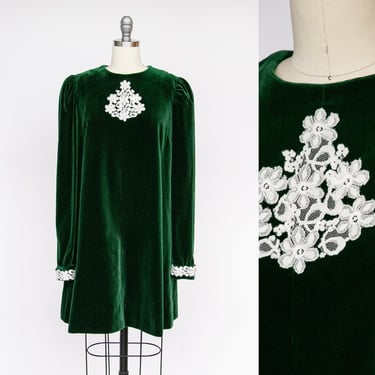 1960s Dress Velvet Emerald Green Mod M 