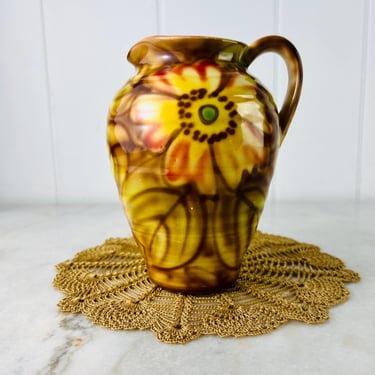Antique 1940s Falcon Ware Peona vase, by Thomas Lawrence, jug pitcher with handle and spout, Autumn colours, Farmhouse Art Deco Art Nouveau 