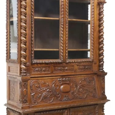 Antique Secretary, Bookcase, Fine French Henri II Style, Carved Oak, 1800's!