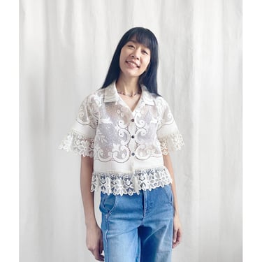 Curtain Boxy Shirt - vintage 1960s lace curtain white floral delicate women's cropped top short sleeved blouse 