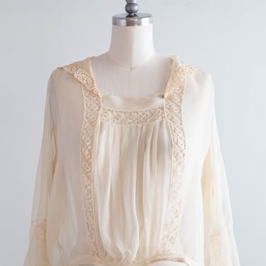 Ethereal 1920's Silk Chiffon & Lace Blouse With Sailor Collar / M