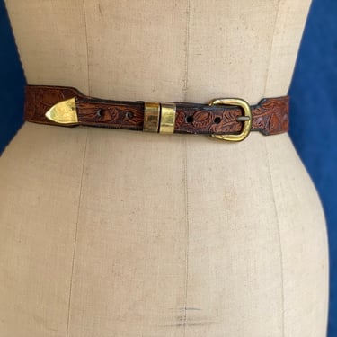 27-31" Waist Belt / Acorn Tooled Leather / Gold Tone Steer Buckle / Vintage Leather Belt / Statement Belt / Brown Tooled Leather Belt 