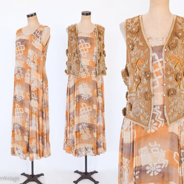 1980s Gold & Beige Tiki Print Maxi Dress | 80s Hawaiian Print Maxi Dress | Carla Freeman | Beaded vest | Karen Kane | Medium 