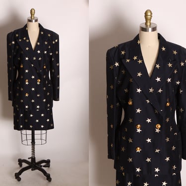 1990s Navy Blue and Gold Novelty Star Long Sleeve Button Up Blazer Jacket with Matching Skirt Two Piece Suit by Escada Margaretha Ley -L 