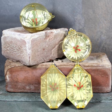 Jewel Brite White Poinsettia Diorama Ornaments in Gold | Set of 4 Vintage Christmas Ornaments | 1950s Mid-Century Christmas 