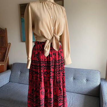 Vintage 80's Red Silk Pleated Skirt, S 