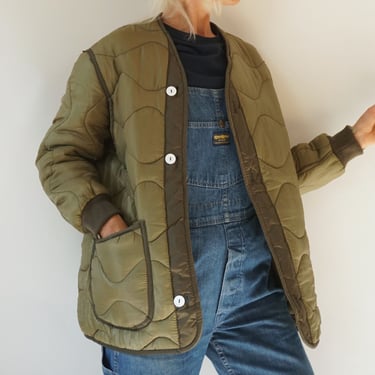 Vintage Military Quilted Liner Jacket White Buttons Oversized | Green Quilt Cotton Army Liner Coat | Military Puffer Coat Bomber | S 