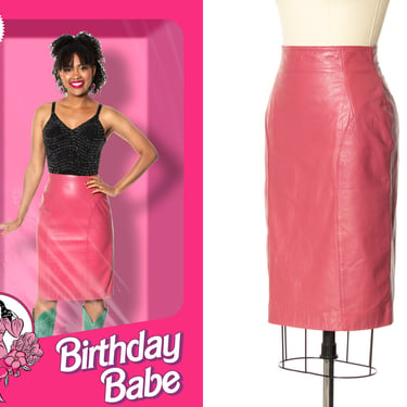 Vintage 1980s Pencil Skirt | 80s Pink Genuine Leather High Waisted Knee Length Wiggle Skirt (small) 