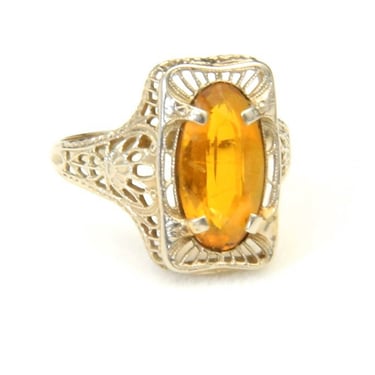 Vintage Art Deco Citrine & Filigree 10k White Gold Ring Sz 5.25 Yellow Gemstone 