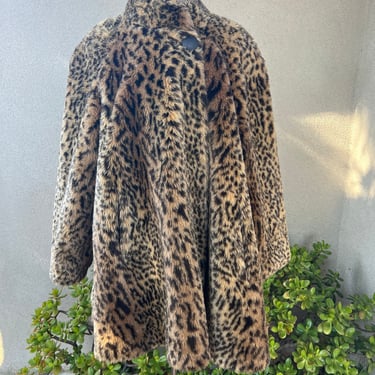 Vintage faux fur swing coat leopard print Sz Large by Monterey Fashions 
