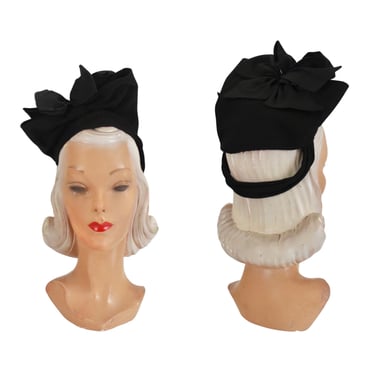 1940s Bold Black Figural Bow Turban Tilt Hat - 1940s Black Turban Hat - 1940s Black Tilt Hat - 1940s Figural Black Hat - 1940s Turban Hat 