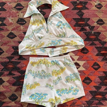 Jantzen 60s/70s white cotton floral matching shorts and halter set 