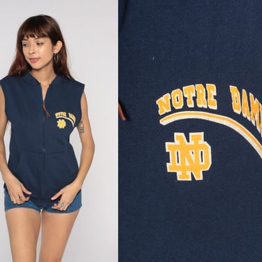 Notre Dame Shirt 80s University Vest Sleeveless Sweatshirt Vest Top Fighting Irish Shirt Zip Up Shirt Retro Vintage 1980s Navy Blue Small S 