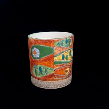 Vintage Mid Century Modern Eduardo Vega Cuenca Ecuador Ceramica Hand Painted Vase or Planter or Pencil Holder Desk Organizer 