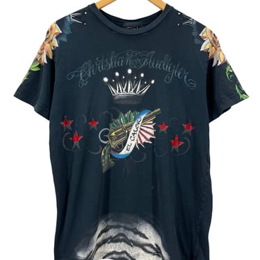 Christian Audigier El Calor Gun Print All Over Distressed T-Shirt Large