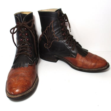 Vintage 1990s Hondo Boots Kiltie Lace Up Ropers, Size 10 1/2D Men, brown black leather western boots 