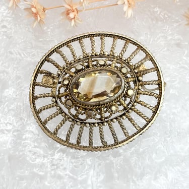 Gold Toned Antique Style Smoky Quartz Vintage Rope Designed Large Oval Brooch | Pendant Combo 