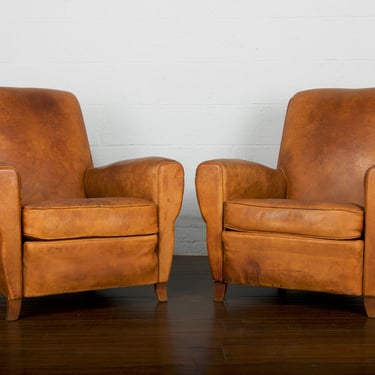 1930s French Art Deco Club Chairs W/ Original Brown Leather - A Pair 