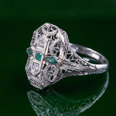Filigree Dinner Ring with Glass Emeralds c1920