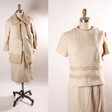 1960s Beige Short Sleeve Knit Short Sleeve Blouse with Matching Skirt and 3/4 Length Sleeve Jacket Three Piece Skirt Suit by Lilli Ann -M 
