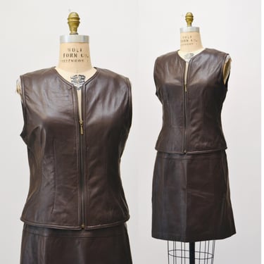 80s 90s Vintage Brown Leather Vest and Skirt Suit Leather Medium Large Leather Vest Skirt Brown Leather Skirt By 