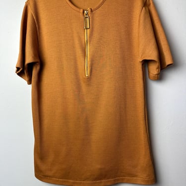 60’s Mod Groovy knit T-shirt~ ribbed knit zipper front shirts ~ Camel color~retro ultra mod MCM tees/ size Med 36-38 