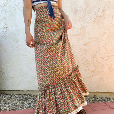 Vintage 70's Beverly Paige Floral Ruffle Lace Trim Maxi Prairie Skirt 