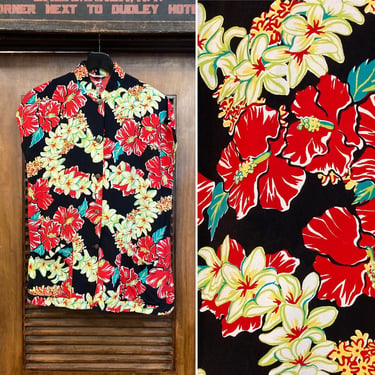 Vintage 1940’s Black Background Hula Lei Rayon Hawaiian Tea Timer Shirt, 40’s Hawaiian Shirt, 40’s Floral Shirt, 40’s Tiki, Vintage Clothing 