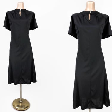 VINTAGE 70s Black Jersey Dress with Flutter Sleeves Plus Size 20 NWT by Lorac | 1970s Keyhole Neckline Little Black Dress | vfg 