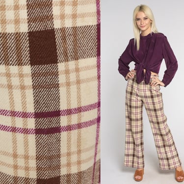 70s Plaid Pants Bell Bottom Trousers Retro Wide Leg Flare Pants Bellbottoms Wool Blend High Waisted Flared Checkered Vintage 1970s Small 28 